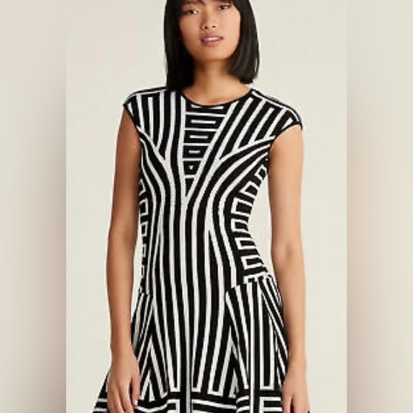 RVN Cap Sleeve Stripe Geometric Knit Mini Skater Dress in Black & Peacock - Picture 2 of 8